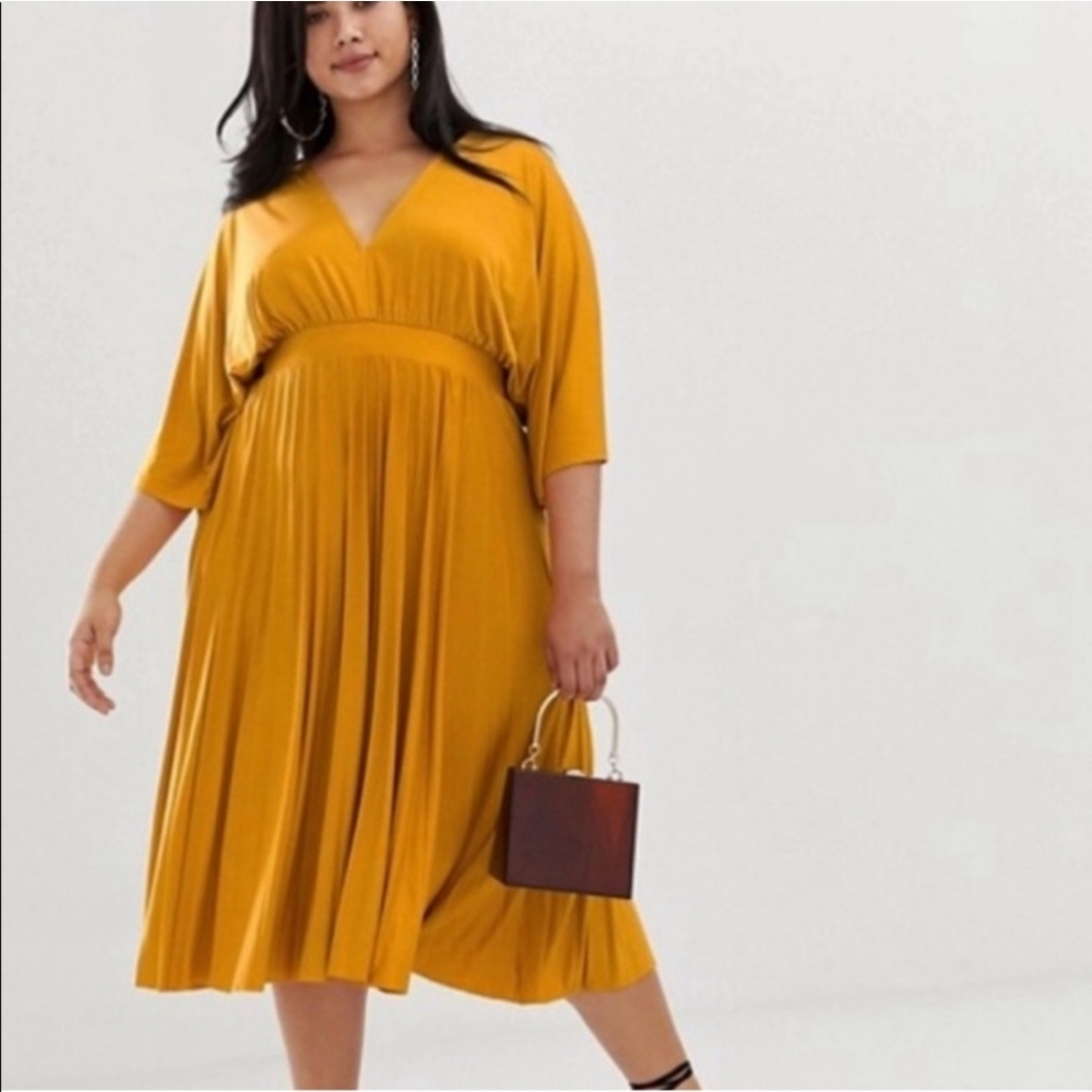 Asos Curve NWT Kimono Pleated Deep V Midi Dress Mustard Gold 16